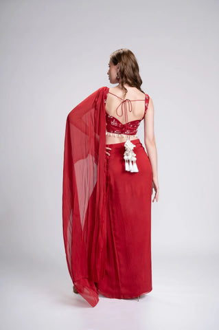 On My Way Embroidered Pre-Draped Saree Set On My Way Embroidered Pre-Draped Saree Set