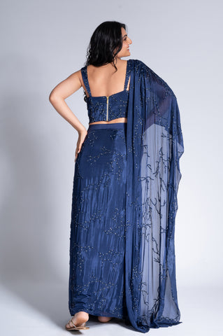 Bijlee Bijlee - Navy Blue Embroidered Saree Set Bijlee Bijlee - Navy Blue Embroidered Saree Set