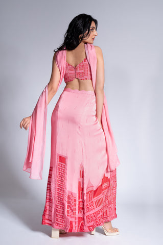 Pouring City - Peony Pink & Wine Red Embroidered Lehenga Set Pouring City - Peony Pink & Wine Red Embroidered Lehenga Set