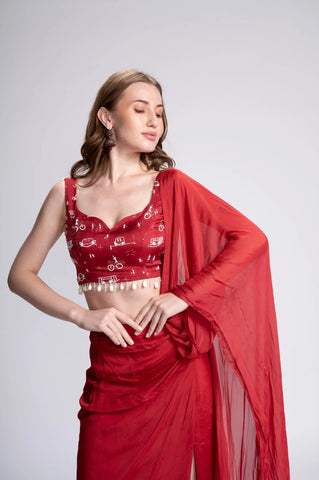 On My Way Embroidered Pre-Draped Saree Set On My Way Embroidered Pre-Draped Saree Set