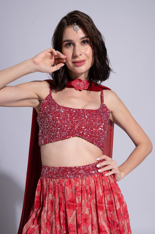 Viva La Hibiscus - Bleeding Red Embroidered Lehenga Set Viva La Hibiscus - Bleeding Red Embroidered Lehenga Set