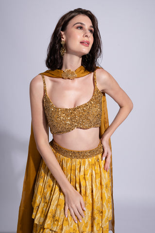Yellow Hibiscus - Deli Mustard Yellow Embroidered Lehenga Set Yellow Hibiscus - Deli Mustard Yellow Embroidered Lehenga Set