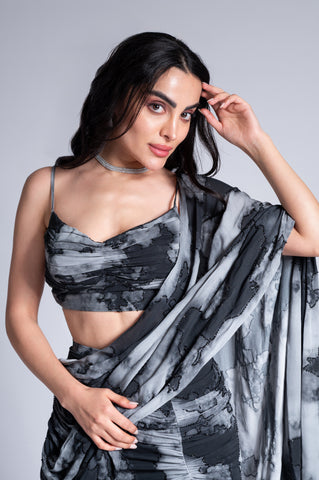 Rainy Sky - Black & Argent Grey Embroidered Saree Set Rainy Sky - Black & Argent Grey Embroidered Saree Set