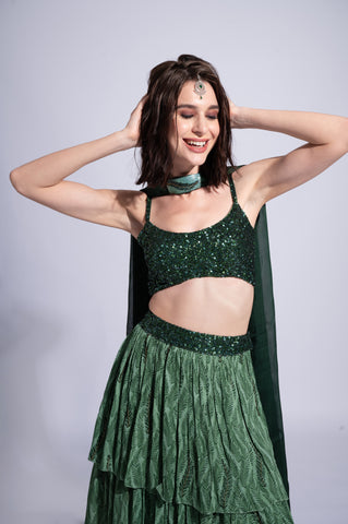 Lush - Woodland Grass Green Embroidered Lehenga Set Lush - Woodland Grass Green Embroidered Lehenga Set