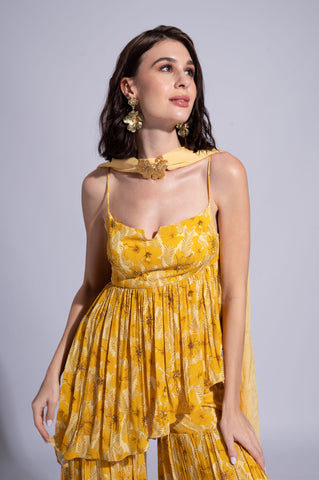 Yellow Hibiscus - Deli Mustard Yellow Embroidered Sharara Set Yellow Hibiscus - Deli Mustard Yellow Embroidered Sharara Set