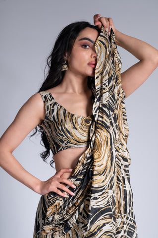 Ripple Effect - Black & Wheat Gold Embroidered Saree Set Ripple Effect - Black & Wheat Gold Embroidered Saree Set