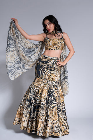 Ripple Effect - Black & Wheat Gold Embroidered Lehenga Set Ripple Effect - Black & Wheat Gold Embroidered Lehenga Set