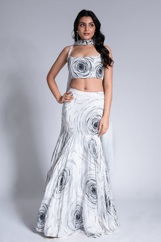 Ripple Effect - White & Hard Coal Embroidered Lehenga Set Ripple Effect - White & Hard Coal Embroidered Lehenga Set