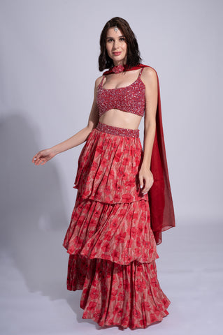 Viva La Hibiscus - Bleeding Red Embroidered Lehenga Set Viva La Hibiscus - Bleeding Red Embroidered Lehenga Set