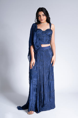 Bijlee Bijlee - Navy Blue Embroidered Saree Set Bijlee Bijlee - Navy Blue Embroidered Saree Set