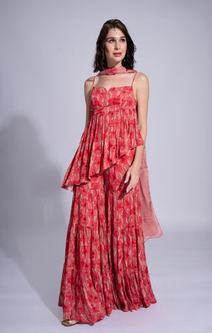 Viva La Hibiscus - Bleeding Red Embroidered Sharara Set Viva La Hibiscus - Bleeding Red Embroidered Sharara Set