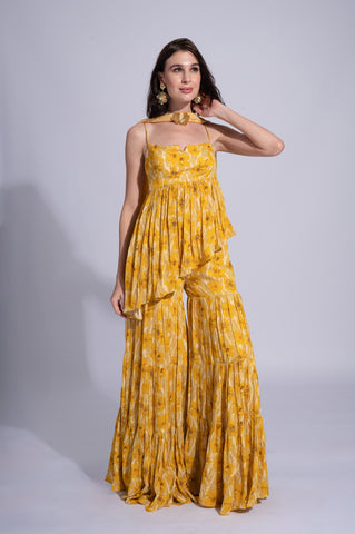 Yellow Hibiscus - Deli Mustard Yellow Embroidered Sharara Set Yellow Hibiscus - Deli Mustard Yellow Embroidered Sharara Set