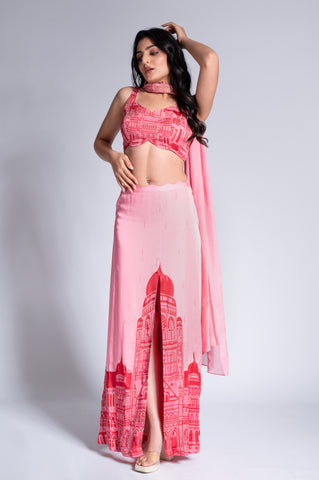 Pouring City - Peony Pink & Wine Red Embroidered Lehenga Set Pouring City - Peony Pink & Wine Red Embroidered Lehenga Set