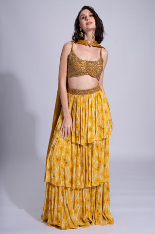 Yellow Hibiscus - Deli Mustard Yellow Embroidered Lehenga Set Yellow Hibiscus - Deli Mustard Yellow Embroidered Lehenga Set