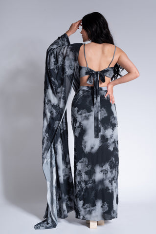 Rainy Sky - Black & Argent Grey Embroidered Saree Set