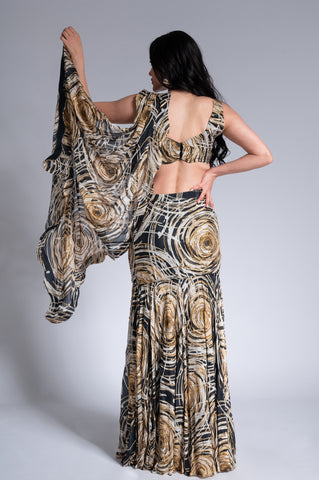 Ripple Effect - Black & Wheat Gold Embroidered Saree Set