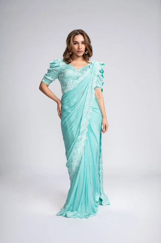 Queen's Necklace Embroidered Pre-Draped Saree Set