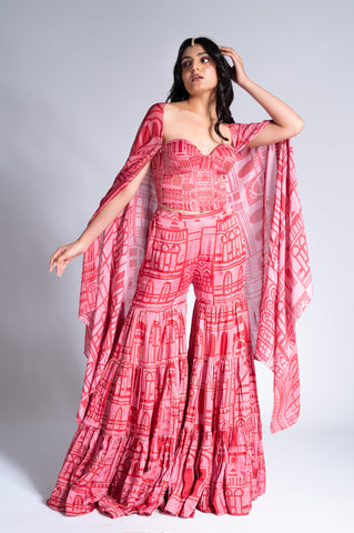 Pouring City - Peony Pink & Wine Red Embroidered Sharara Set