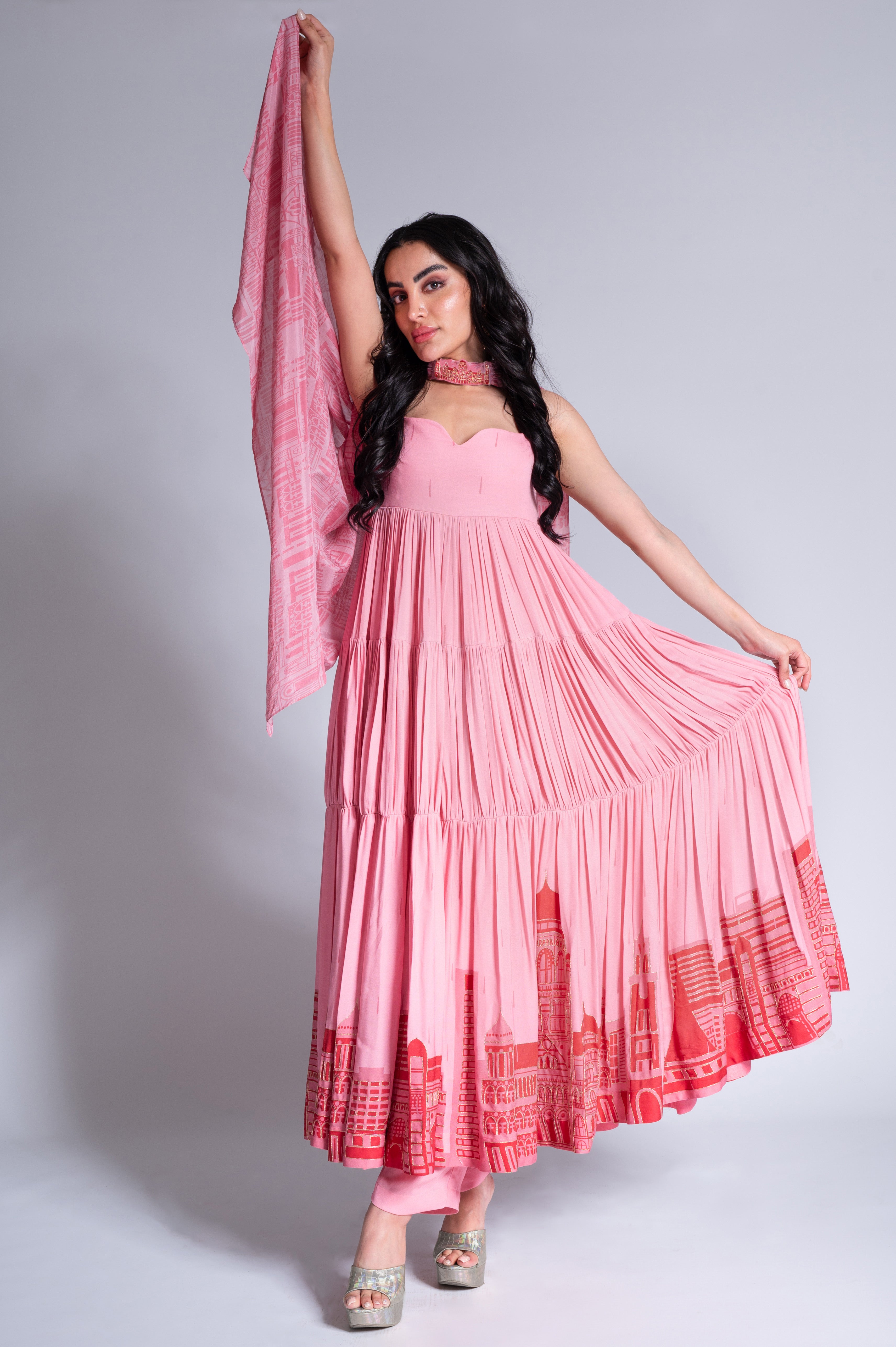 Pouring City - Peony Pink & Wine Red Embroidered Anarkali