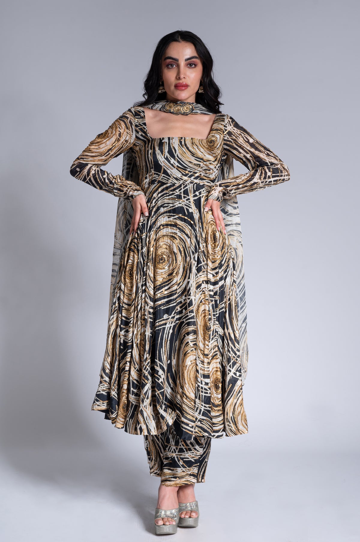Ripple Effect - Black & Wheat Gold Embroidered Anarkali