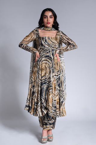 Ripple Effect - Black & Wheat Gold Embroidered Anarkali