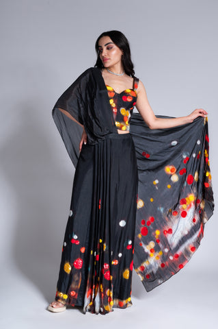 Traf**cked - Liquorice Black & Multicolour Embroidered Saree Set