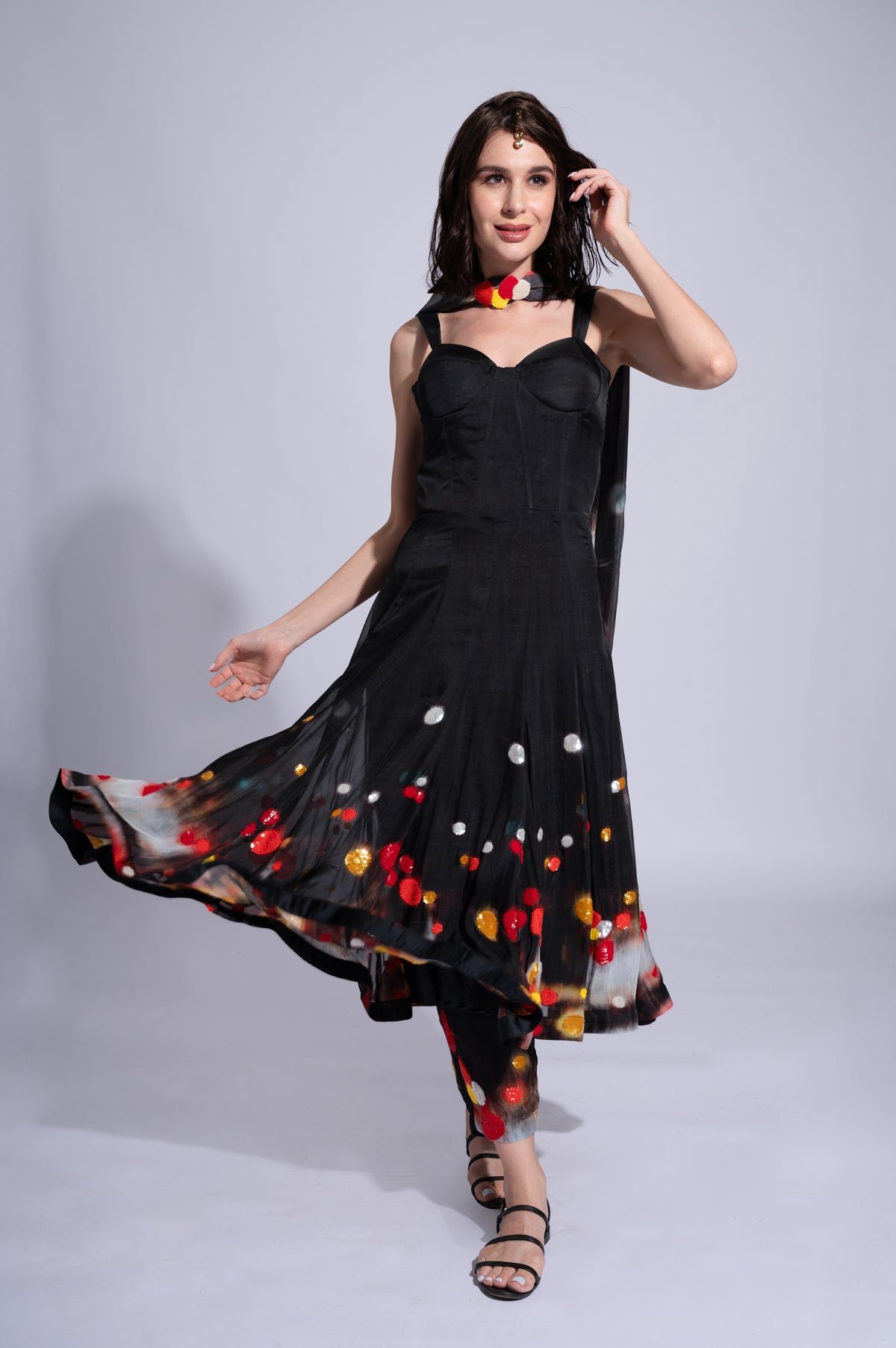 Traf**cked - Liquorice Black & Multicolour Embroidered Anarkali