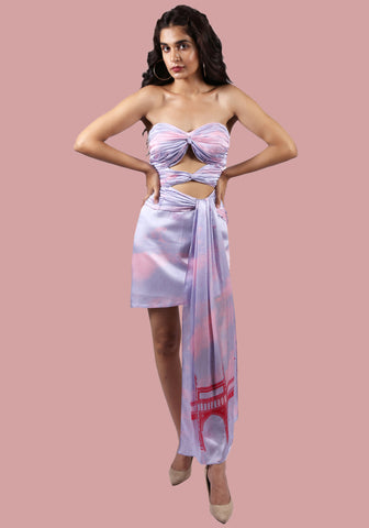 Pink Gateway Print Draped Mini Dress
